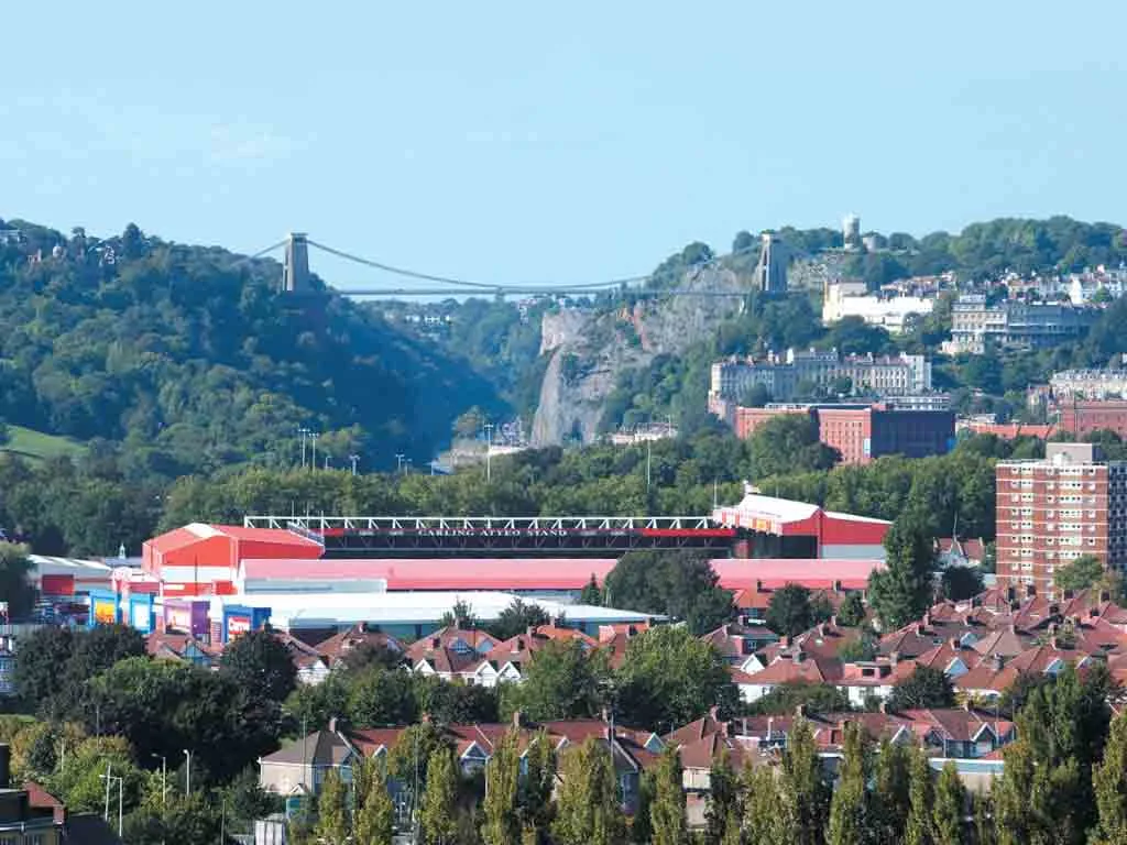 Bristol - View over Bristol - Ashton Gate Stadium and the Clifton Suspension Bridge.