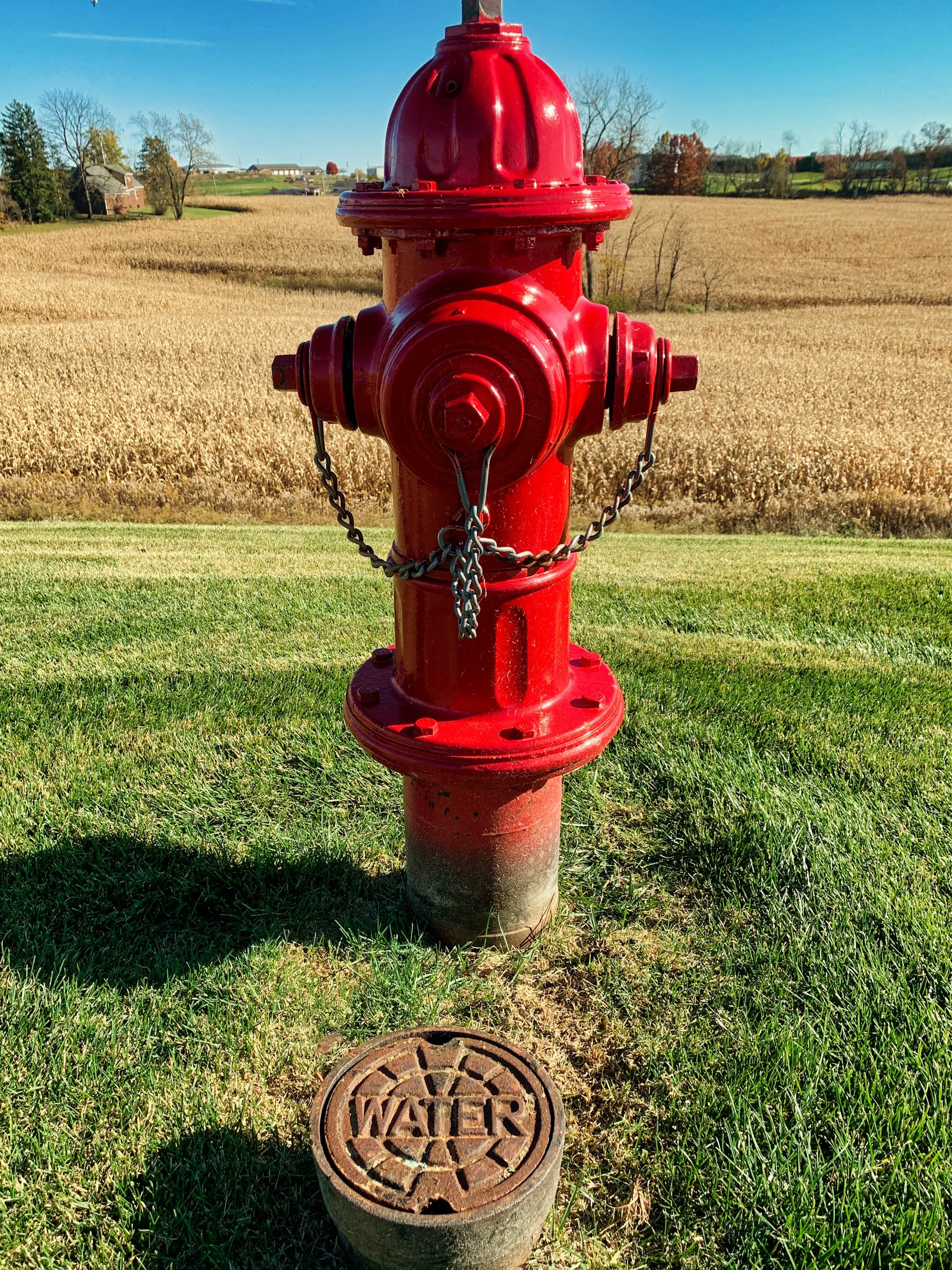 Red fire hydrant standing on grass with a water access cover nearby in a rural landscape